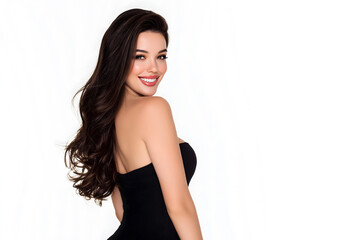 Obraz premium Portrait of a beautiful woman with long dark hair smiling over her shoulder