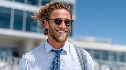 A cheerful businessman with flowing hair and sunglasses walks confidently outdoors, embodying the essence of success and joy against a modern city backdrop under a clear blue sky.