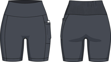 Athletic shorts technical sketch, front and back view, high waistband, side pocket, ribbed detail, fashion flat, garment construction, apparel design