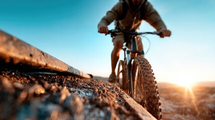 A dynamic shot of a mountain biker in motion against a stunning sunset backdrop, showcasing the thrill of adventure and the beauty of nature combined.
