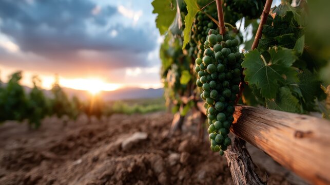 A close-up view of a bunch of green grapes hanging from a vine, elegantly illuminated by the warm glow of the sunset, reflecting the beauty of nature's bounty. - Powered by Adobe