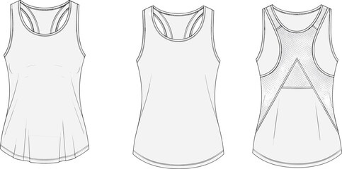 Athletic top sketch, front and back views, scoop neckline, racerback, mesh panel, pocket detail, fashion flat, garment construction, activewear design