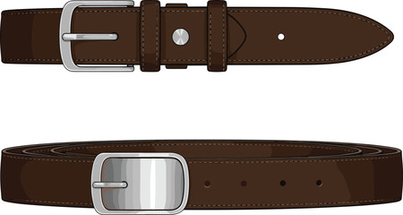 Brown leather belt sketch, flat and coiled view, silver buckle, adjustment holes, stitched edge, fashion flat, accessory design, product illustration