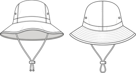 Bucket hat front view, wide brim, chin strap, adjustable toggle, stitched brim, ventilation eyelets, technical fashion sketch, design variation
