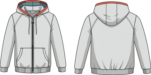 Hooded sweatshirt sketch, front and back view, red hood lining, blue collar lining, zipper front, fashion flat, garment construction, apparel design