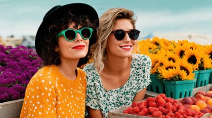 Two stylish women pose together surrounded by vibrant flowers and assorted fresh fruits at a market, capturing the joy of friendship and summertime bliss in a colorful setting.