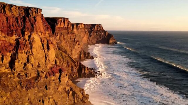 Coastal Erosion Dynamics: Focus on the geological processes shaping ancient rock formations, highlighting the relentless power of ocean waves against the rugged cliff face.