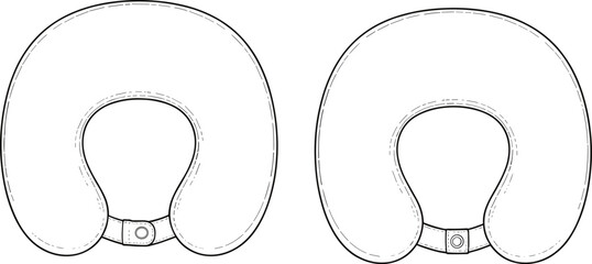 Travel neck pillow sketch, U-shape design, button strap closure, ergonomic support, stitched detail, fashion flat, comfort accessory, product illustration