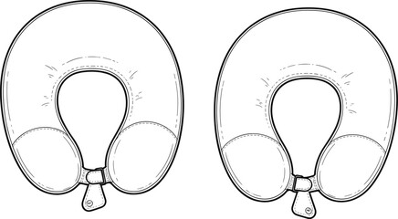 Travel neck pillow sketch, U-shape design, front clasp, ergonomic support, stitched detail, fashion flat, comfort accessory, product illustration