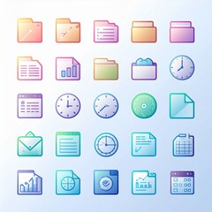Modern gradient vector icon set for business, office, and productivity, featuring symbols for documents, data analysis, and time management