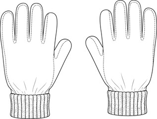 Winter gloves technical sketch, palm view, ribbed cuff, five-finger design, stitching detail, fashion flat, garment construction, apparel illustration
