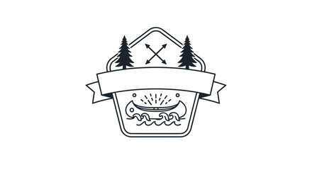 Monoline outdoor adventure badge with a canoe on water, pine trees, crossed arrows, and a blank banner for custom text.