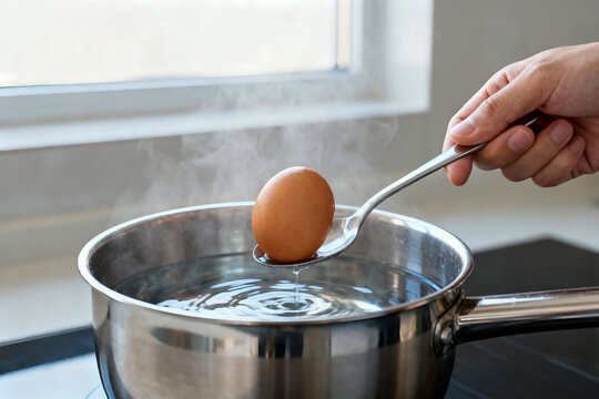 Spoon with boiled egg above saucepan on electric stove, closeup