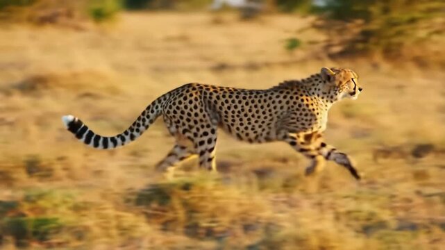Cheetah runs fast across savanna, blurred background, wildlife image for nature projects
