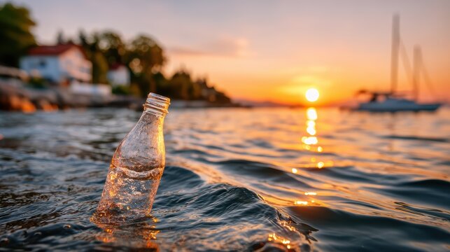 A discarded plastic bottle gently floats on water during a serene sunset, highlighting environmental concerns about pollution and the importance of caring for our planet.