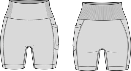 Fitted shorts technical sketch, front and back view, ribbed waistband, side pocket, contour seams, fashion flat, garment construction, apparel design