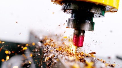 Intricate metalworking captures a close-up of a machine tool cutting metal, showcasing the art of craftsmanship through sparks, representing precision, technology, and mechanical skill.