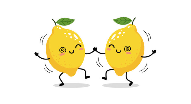 Two happy cartoon lemons with rosy cheeks and spiral eyes are cheerfully dancing and holding hands on a white background, symbolizing fun and joy.