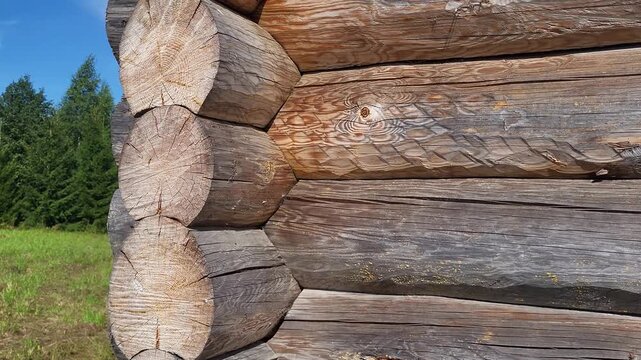 Detailed close-up of a wooden log cabin corner with "saddle notch" joint construction, showing interlocking logs and texture.