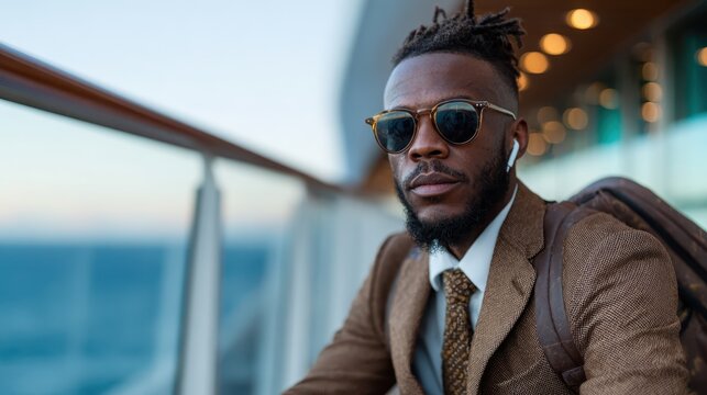 A stylish man dressed in a brown suit and sunglasses is seated on a balcony with a stunning ocean view. The modern setting complements his fashion-forward appearance wonderfully.