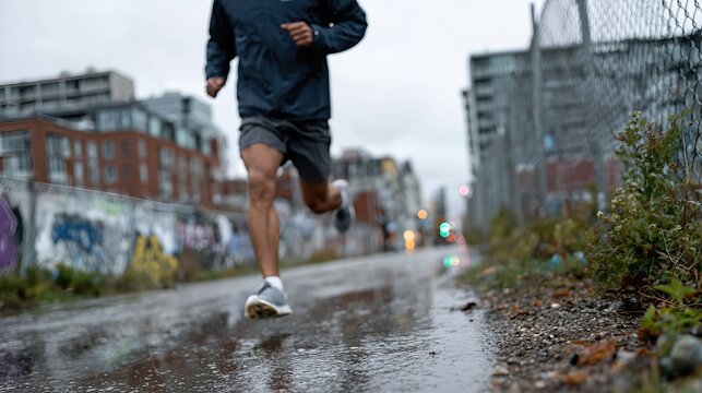 A determined runner in a dark jacket navigates a rainy urban street, embodying vigor and momentum as raindrops glisten around, capturing the essence of resilience and activity.