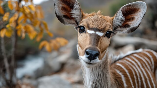 A charming close-up of a young deer with big ears and a friendly expression, creating a delightful connection with nature and showcasing wildlife's gentle beauty. - Powered by Adobe