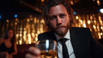 A sharply dressed man in a suit holding a glass of whiskey, creating an atmosphere of sophistication and intrigue in a stylish bar setting.