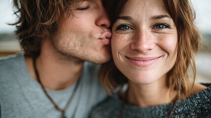 An intimate portrait of a couple, showcasing affection as one kisses the other's cheek, capturing joy, love, and connection in a warm atmosphere.