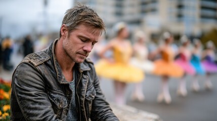 A pensive man in a leather jacket sits deeply immersed in thought as vibrant ballet dancers twirl by, contrasting solitude and the liveliness of urban life.