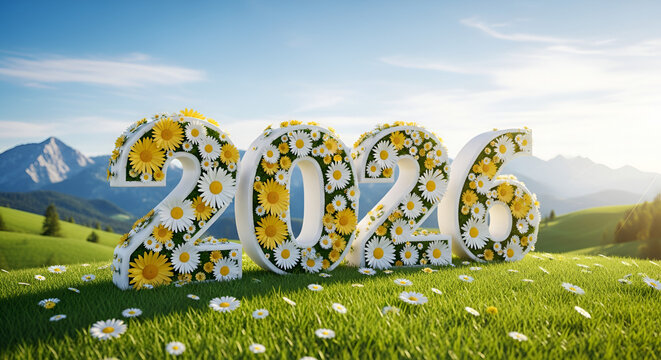 A serene, picturesque landscape featuring the year 2026 in large, three-dimensional letters adorned with vibrant yellow and white daisies. Happy New Year, Happy New Year - Powered by Adobe