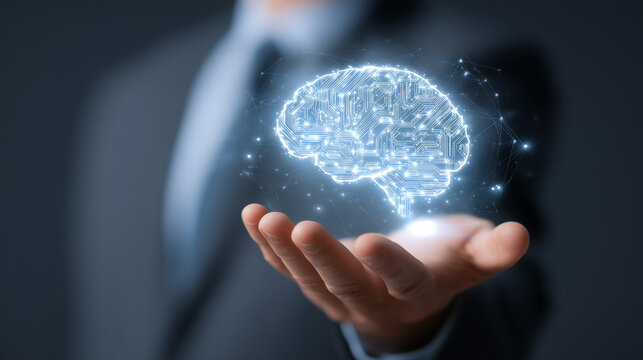Business professional holding a glowing digital brain, representing artificial intelligence and innovation in technology - Powered by Adobe