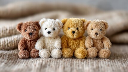 A charming collection of four miniature teddy bears showcasing various colors and textures, perfect for evoking feelings of nostalgia and warmth in viewers.