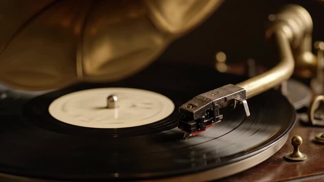 Close-up of a record playing on an antique record player