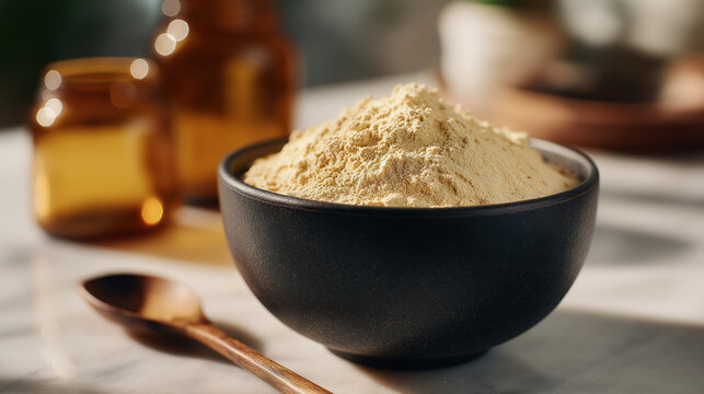 Maca root powder or nutritional supplement in a black ceramic bowl, featured close-up on a marble countertop with natural light and wellness bottles.