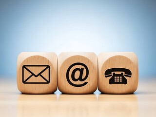 Three wooden blocks with contact icons email at sign and telephone on a wooden surface with blue background