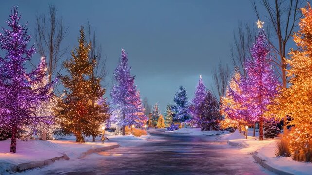 Winter Night Scene Featuring a Snowy Road Lined with Coniferous Trees Decorated with Multicolored Lights and Bare Trees against a Dusk Sky in a Festive Setting with Holiday