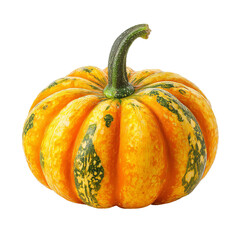 Small, round, orange-yellow pumpkin with green stripes