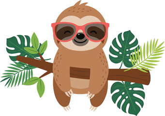 Obraz premium Cute cartoon sloth wearing sunglasses, sitting on a tree branch surrounded by tropical leaves, illustration