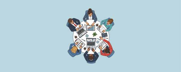 Business people meeting around a round table, diverse team working on project, top view of office workers collaborating, corporate strategy discussion