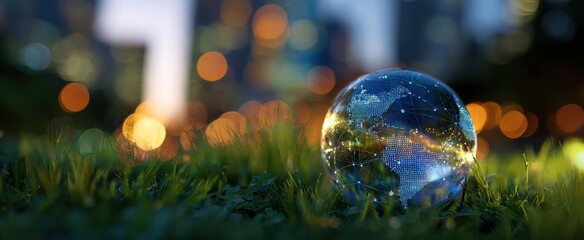 The glass globe representing a connected digital world on dewy grass at dusk