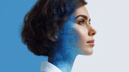 Serious businesswoman profile portrait featuring a complex blue data mesh overlay, symbolizing digital identity, innovation, and AI against a bright studio background.