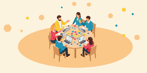 Fototapeta premium Creative business team working on laptops with sticky notes, group of professionals collaborating on project, office employees brainstorming at round table