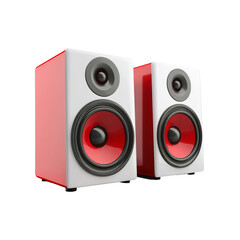 Two red and white stereo speakers