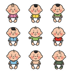 Nine Cute Cartoon Babies in Diapers With Colorful Outfits, Happy and Playful Family Scene