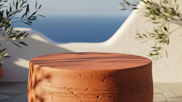 Terracotta podium with plant shadows and seascape background