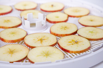 Sliced apples on a white plastic tray for drying. Close up view.
