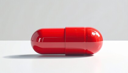 Glossy red capsule pill with seam placed on white surface against light gray background
