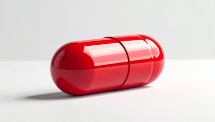 Glossy red capsule pill with seam placed on white surface against light gray background