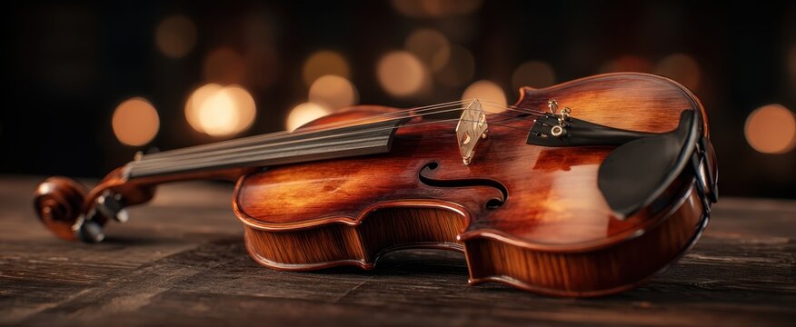 The Violin Resting on a Rustic Wooden Table with Warm Bokeh Lights