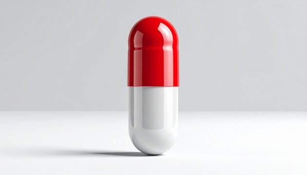 Glossy red capsule pill with seam placed on white surface against light gray background